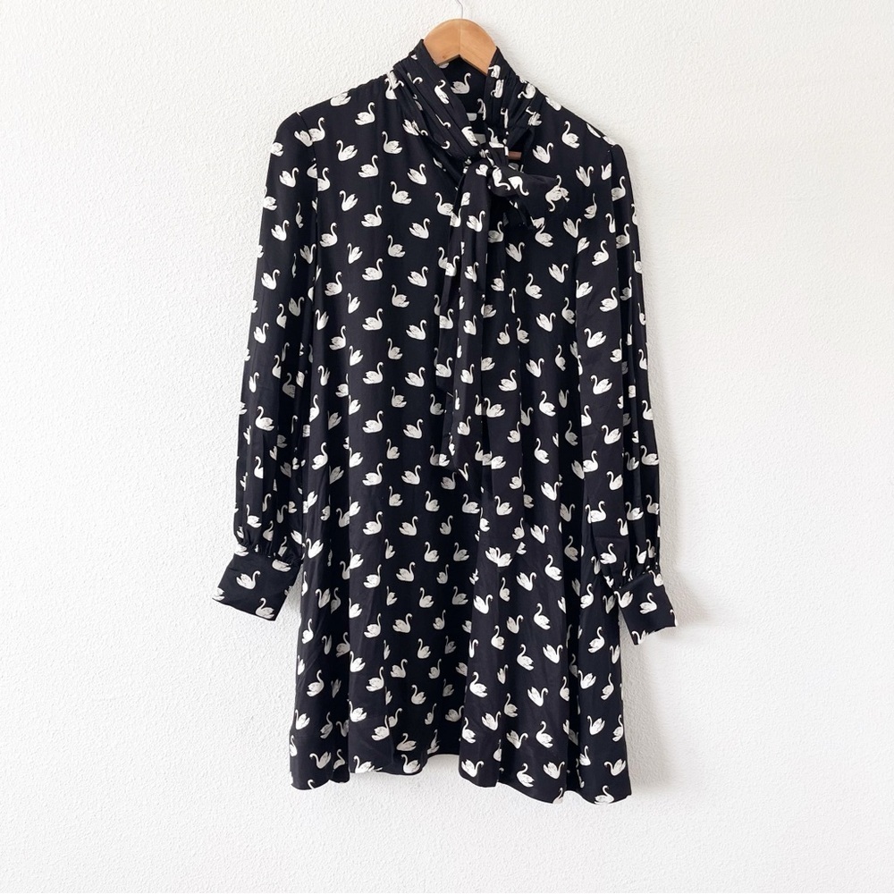 Anthropologie Maeve The Caroline Tie-Neck Mini Dress Black Swan Print - Picture 2 of 9